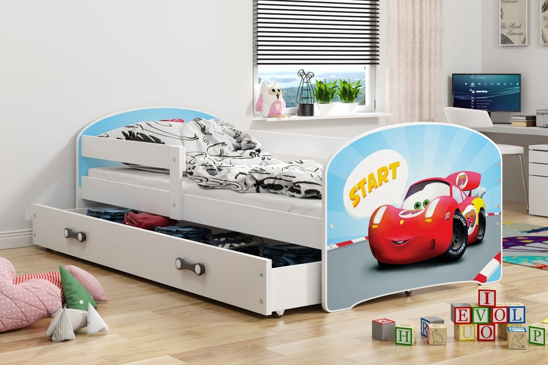 Krevet LUKI s ladicom (Bijela-Auto) + GRATIS ležište - RASPRODAJA